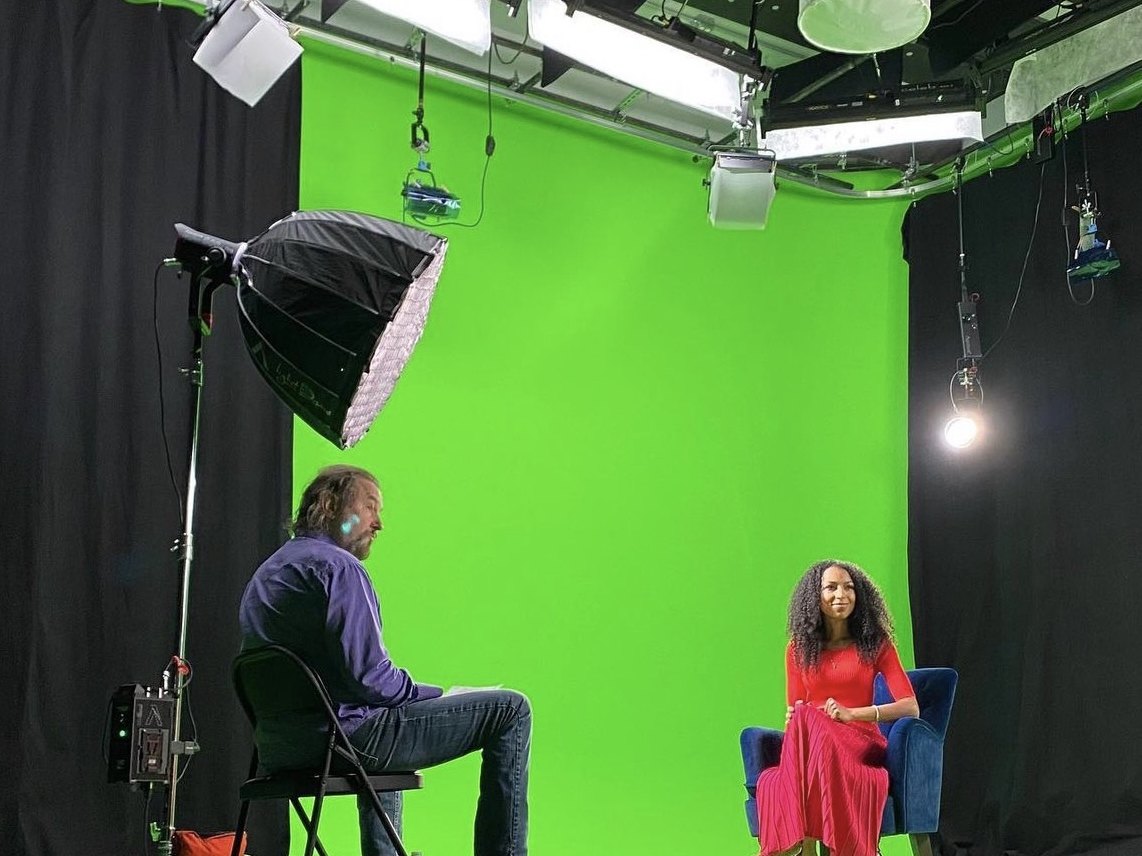 Chelsea on a green-screen set for the Lucid Diagnostics live action and animation commercial