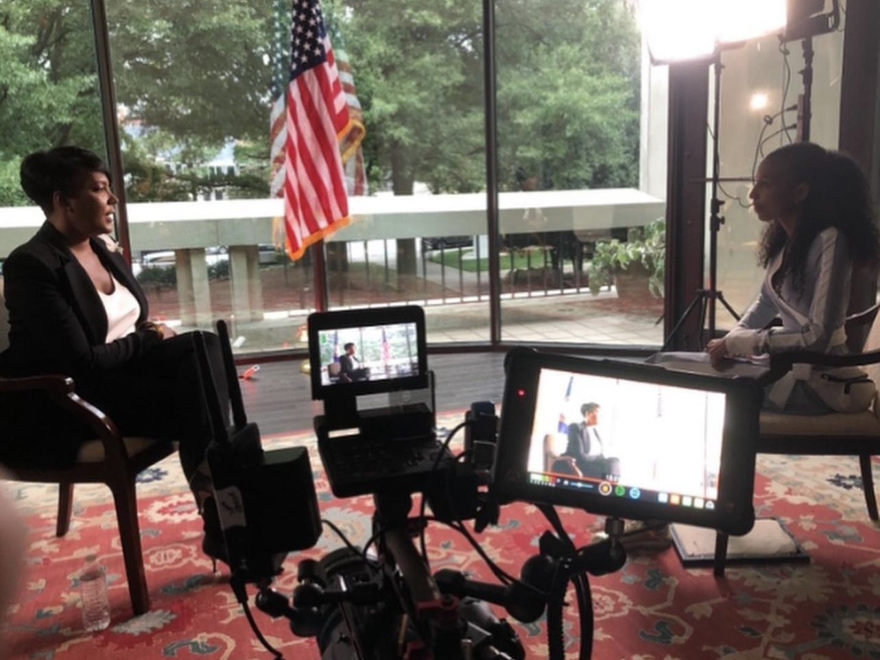 Interview setup with cameras and monitors for the Mayor Keisha Lance Bottoms feature