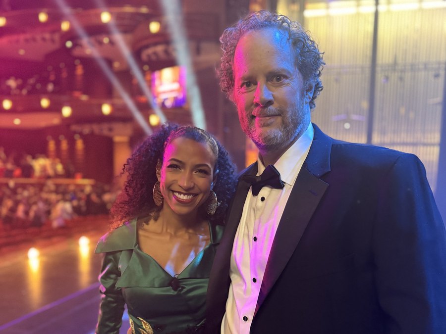 Chelsea and her co-host Shuler Hensley in the theater on broadcast night