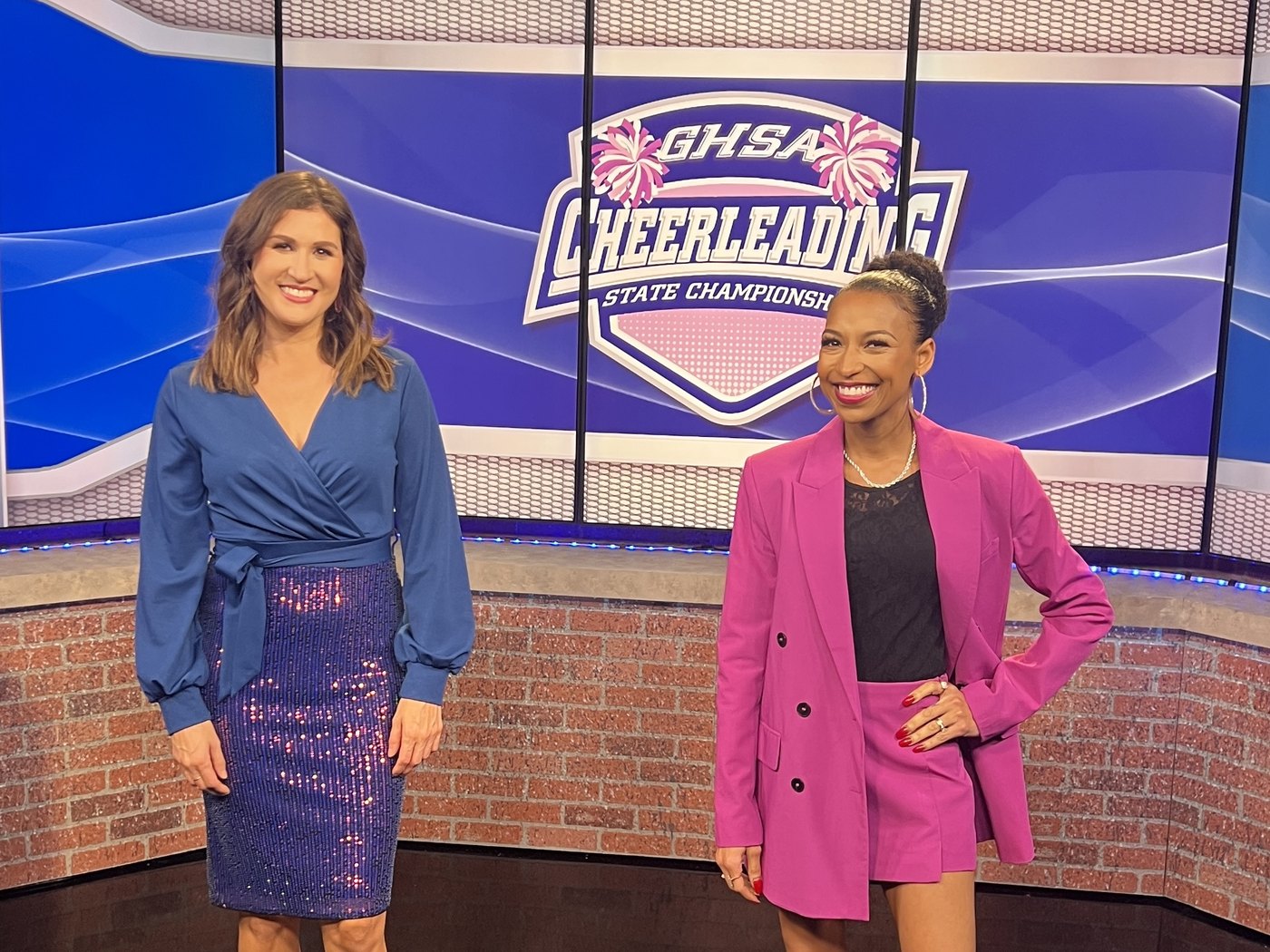 Chelsea and her co-host on the GHSA Cheerleading State Championships broadcast set