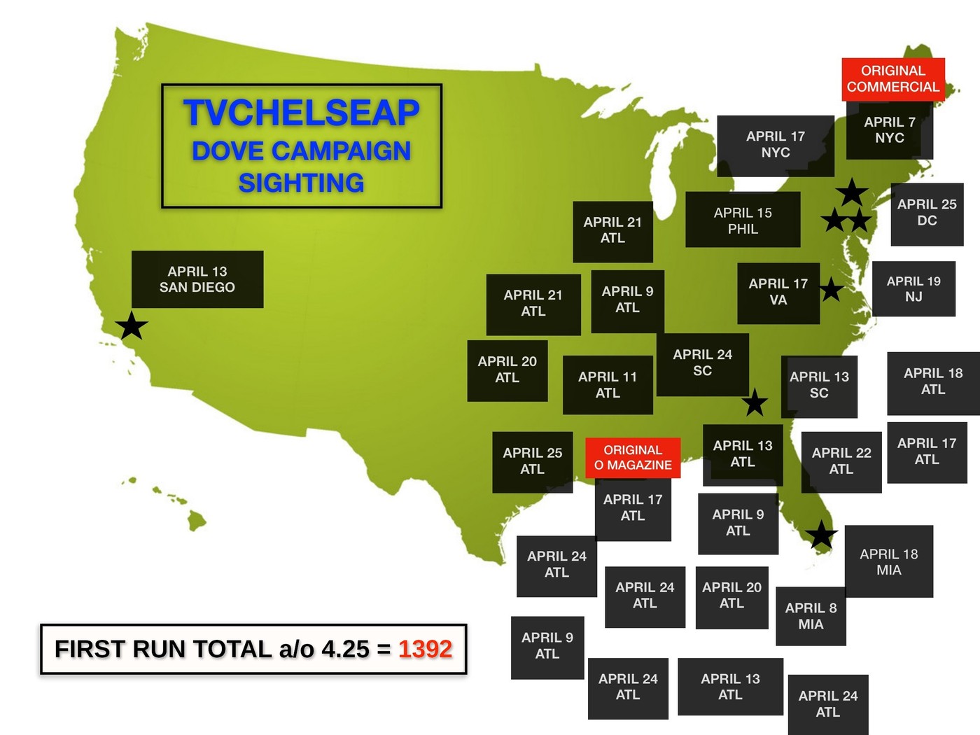 A US map tracking dates and cities where Chelsea's Dove CROWN Act commercial was spotted during its first run, with a first-run total of 1,392 airings as of April 25
